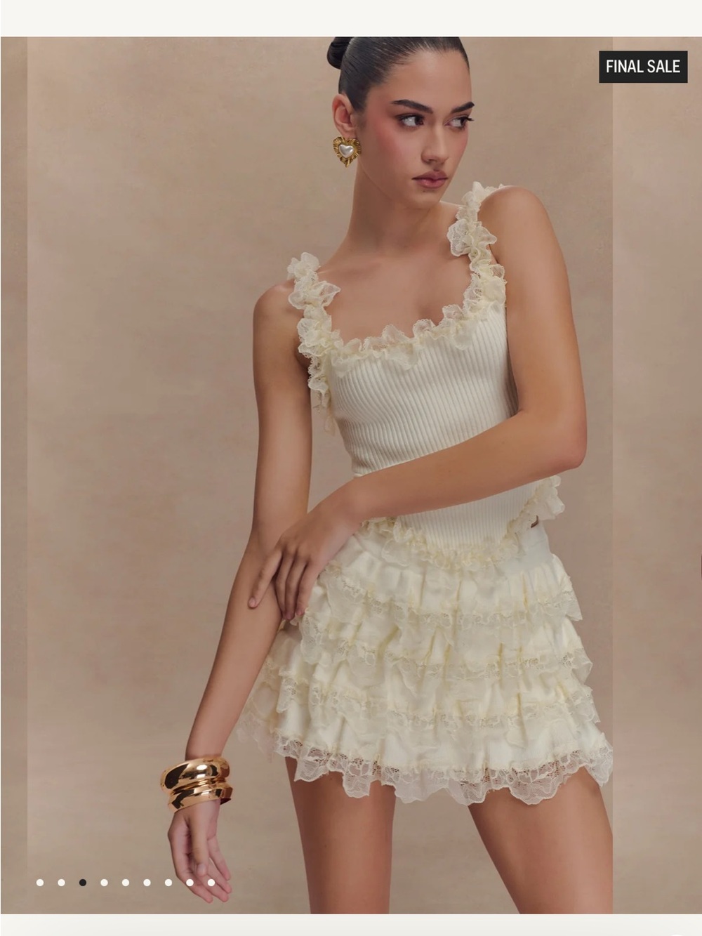 Meshki Cream Ruffle Lace Mini Skirt Set